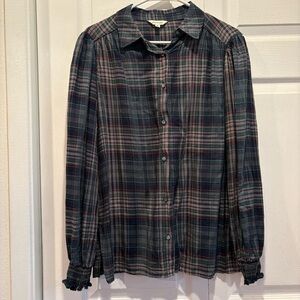 Max Studio Green Plaid Long Sleeve Button Up Top - Size Medium